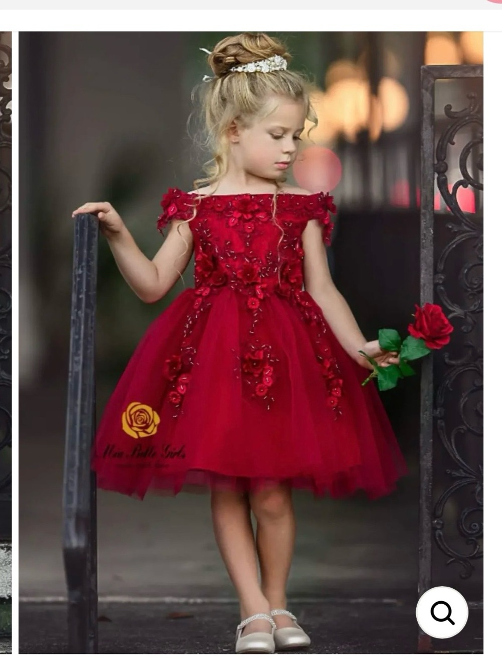 Little Girls red Floral Appliqué Tulle Party Dress